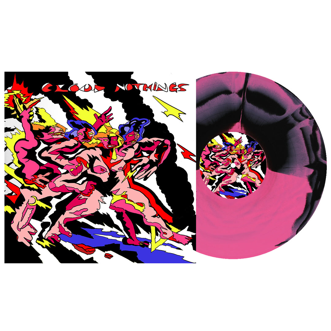 Cloud Nothings album art featuring stylized, colorful figures in motion next to a matching pink and black swirl What Kind Of Hell Did You Survive vinyl record.