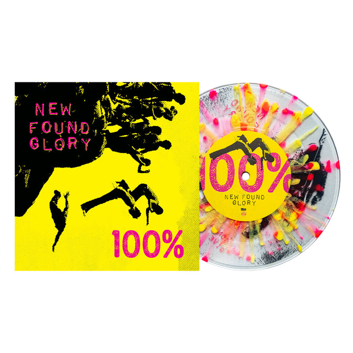 Bright neon yellow album cover with New Found Glory and 100% in bold neon pink text, featuring black diver silhouettes. Next to it is a clear vinyl LP splattered with pink and yellow paint, also bearing the “100%” text.