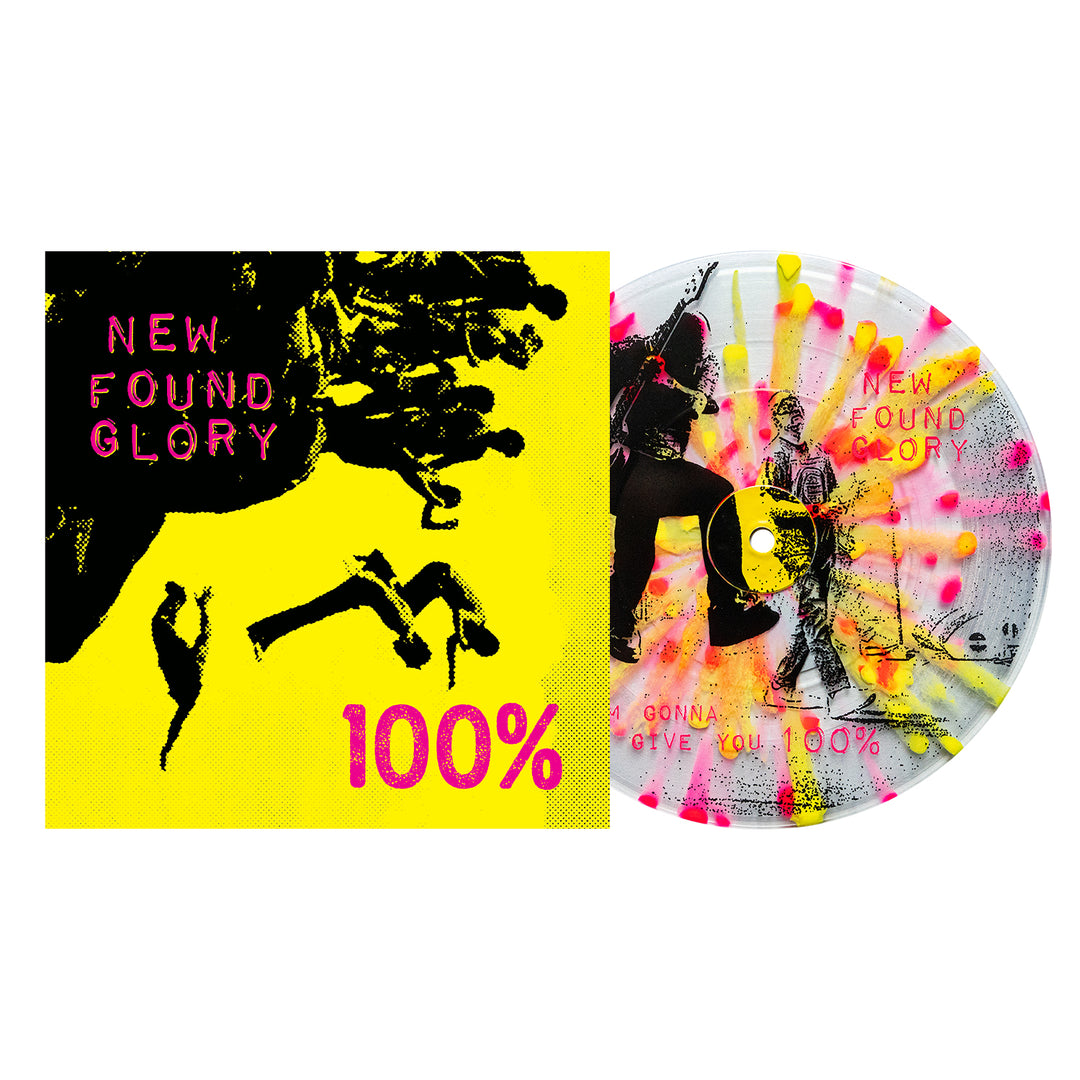 New Found Glory’s “100%” features a square neon yellow album cover and matching CD with bold pink text, black silhouettes, and the band performing over vibrant neon pink and yellow paint splatters.