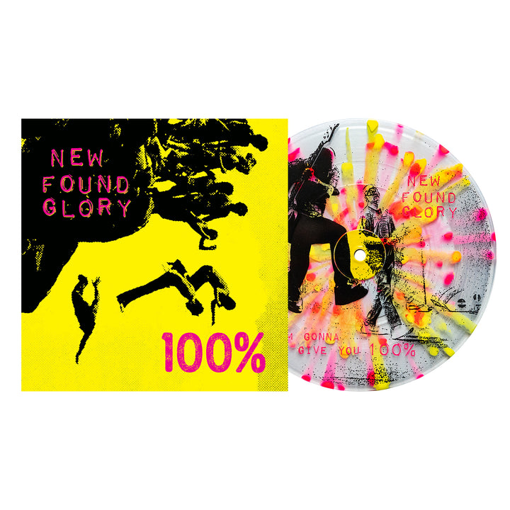 New Found Glory’s “100%” features a square neon yellow album cover and matching CD with bold pink text, black silhouettes, and the band performing over vibrant neon pink and yellow paint splatters.
