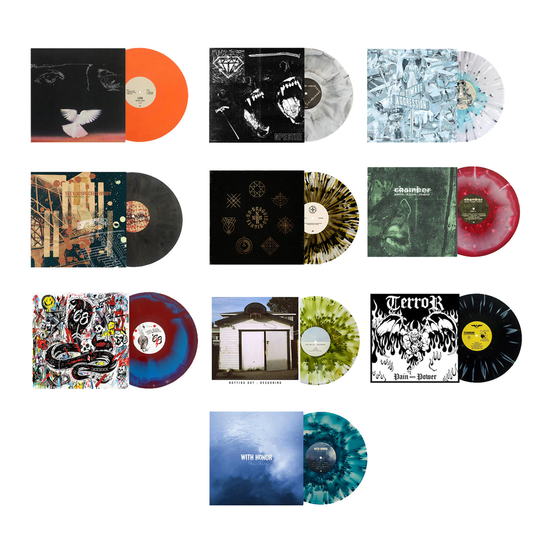 A grid of ten Pure Noise Records Merch limited edition vinyls with colorful marbled discs and unique covers, arranged in two columns on a white background. Each record in this vinyl bundle showcases distinct artwork and colors.