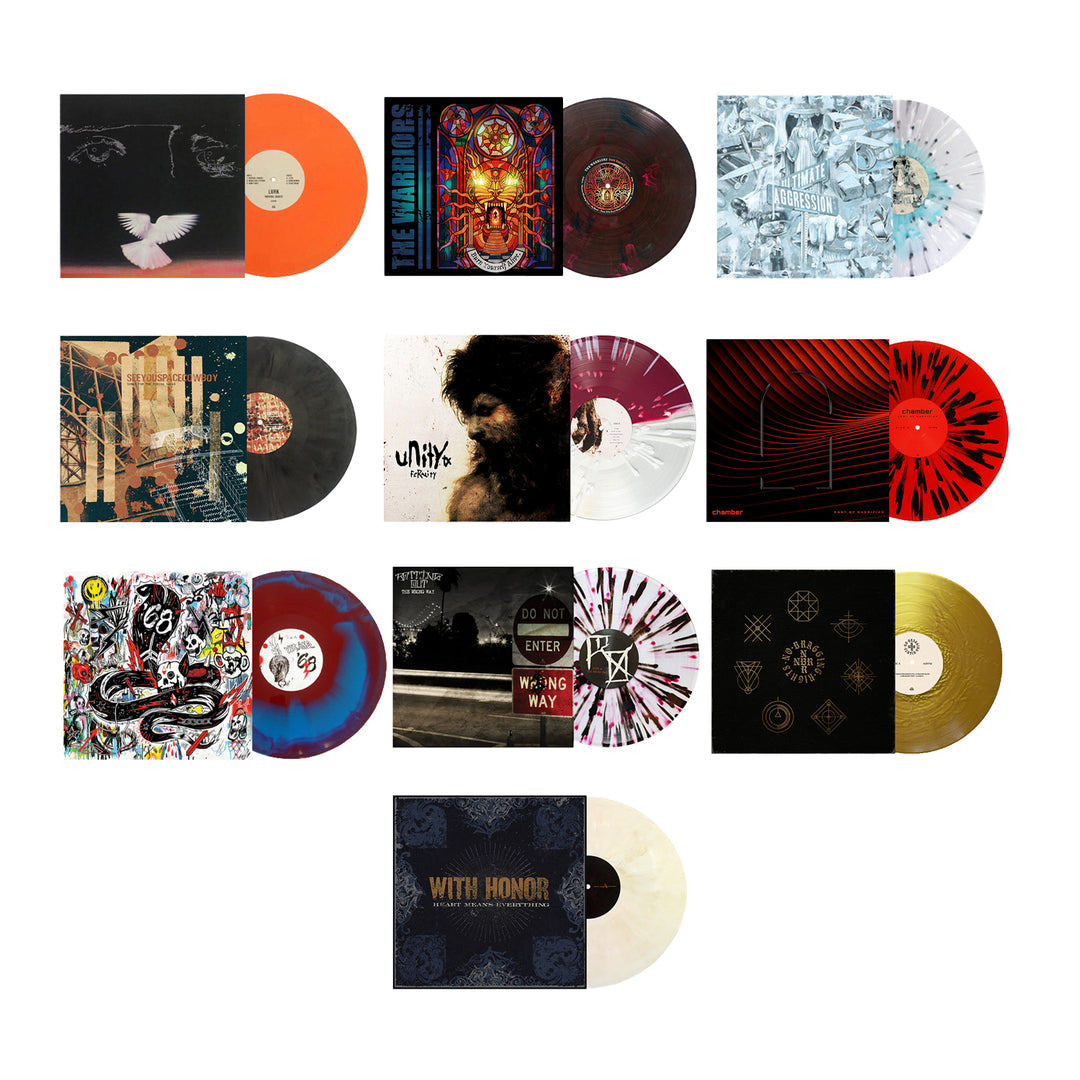 A grid of twelve limited edition Pure Noise Records Merch vinyl records, each featuring unique colored or patterned discs with matching covers, arranged in three rows on a white background.