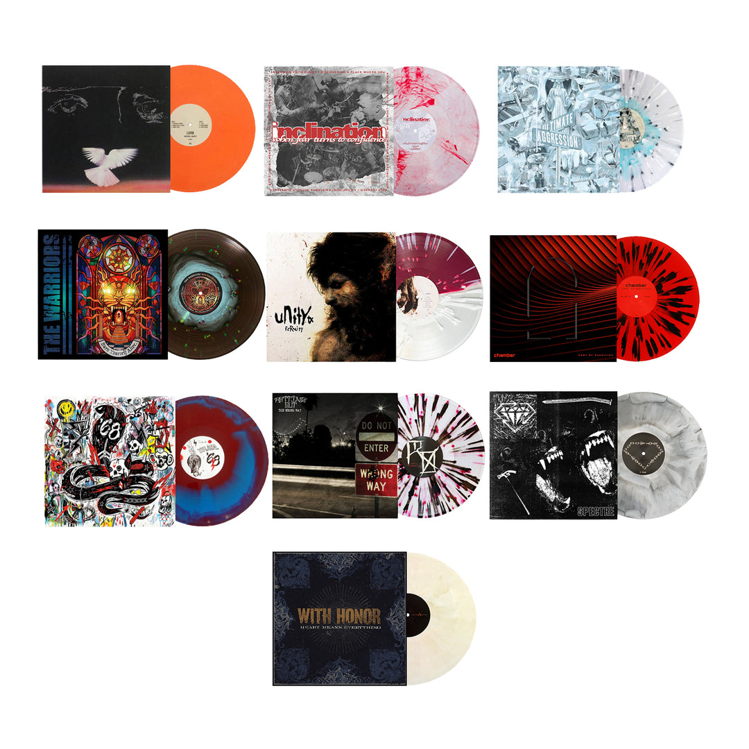 Twelve colorful vinyl records with unique album art, arranged in four rows of three, each featuring distinct designs and colored or patterned limited edition vinyl discs—many showcasing striking color splatter vinyl for the ultimate collector’s bundle.