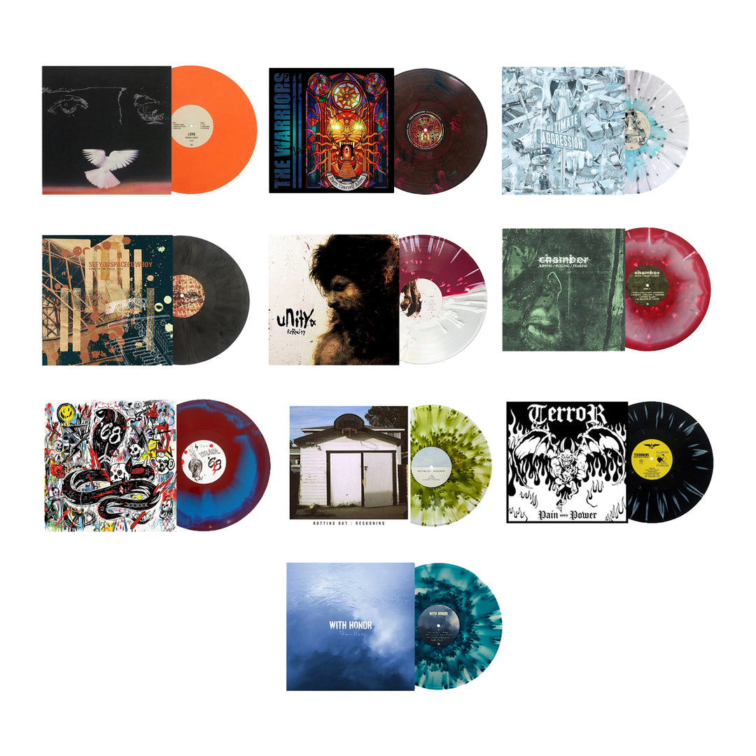 A 3x4 grid of twelve colorful, limited edition vinyl records from Pure Noise Records Merch, each featuring unique, vibrant album covers and different colored discs, displayed on a white background.