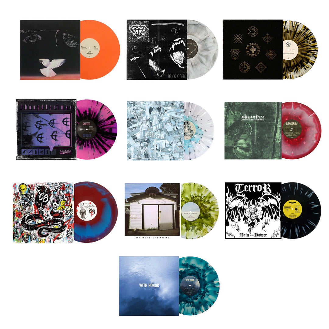 Twelve limited edition vinyl records from Pure Noise Records Merch, each with unique colored patterns and distinct album covers, are arranged in a grid on a white background.