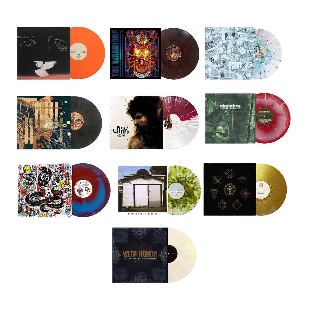 A grid of twelve limited edition Pure Noise Records Merch vinyl records, each with unique, colorful artwork and marbled or solid-colored vinyl, displayed partially outside their album covers on a white background.