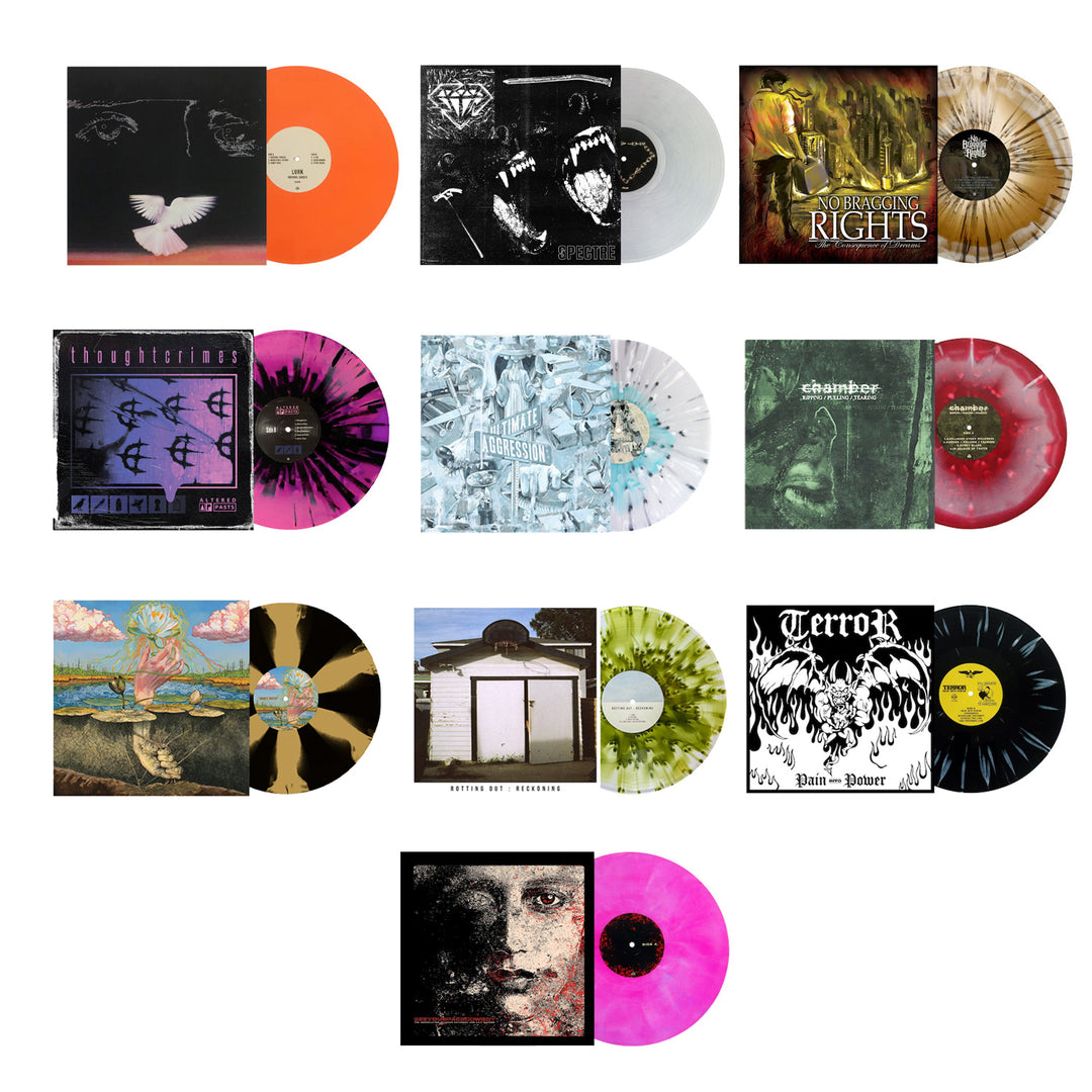 A grid of ten limited edition vinyl records from Pure Noise Records Merch, each with unique, colorful designs—such as a Halloween Orange variant—arranged in four rows on a white background.