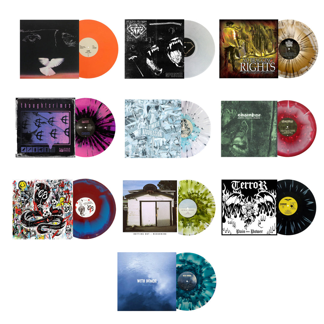 Pure Noise Records Merch offers a set of ten limited edition colored vinyl records, each with unique splatter designs and album covers showcasing diverse artistic styles and themes.