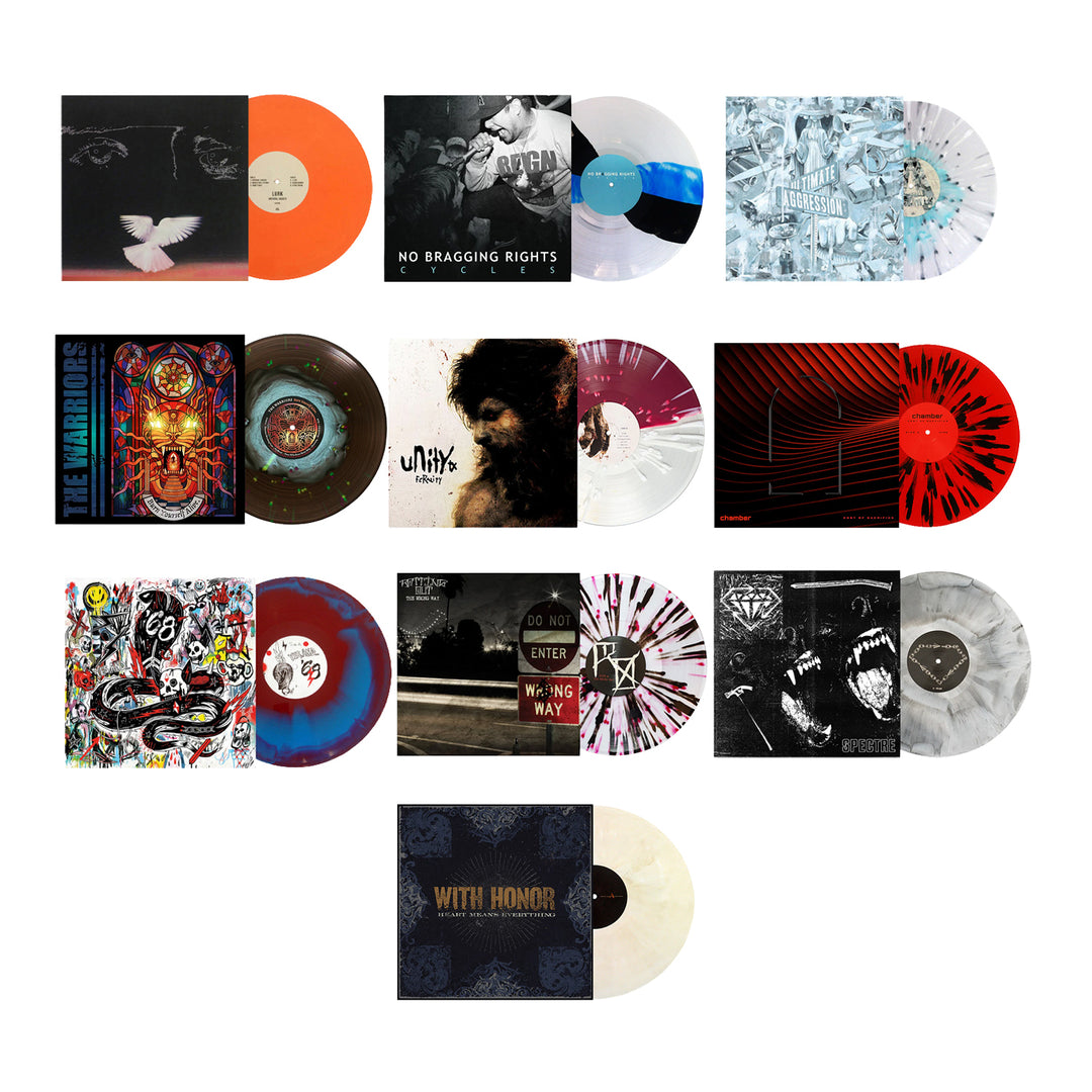 Twelve vinyl records in colorful and patterned pressings are arranged in a grid, each with its cover art partially visible behind or next to the corresponding record—a stunning limited edition vinyl bundle perfect for collectors of unique and colored vinyl.