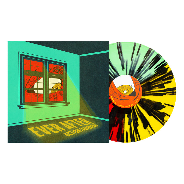 A colored vinyl with yellow, green, and black splatter is partially out of its cover, featuring an illustrated cat looking through a window with EVER AFTER and the brand name Action/Adventure written on the sunlit floor.