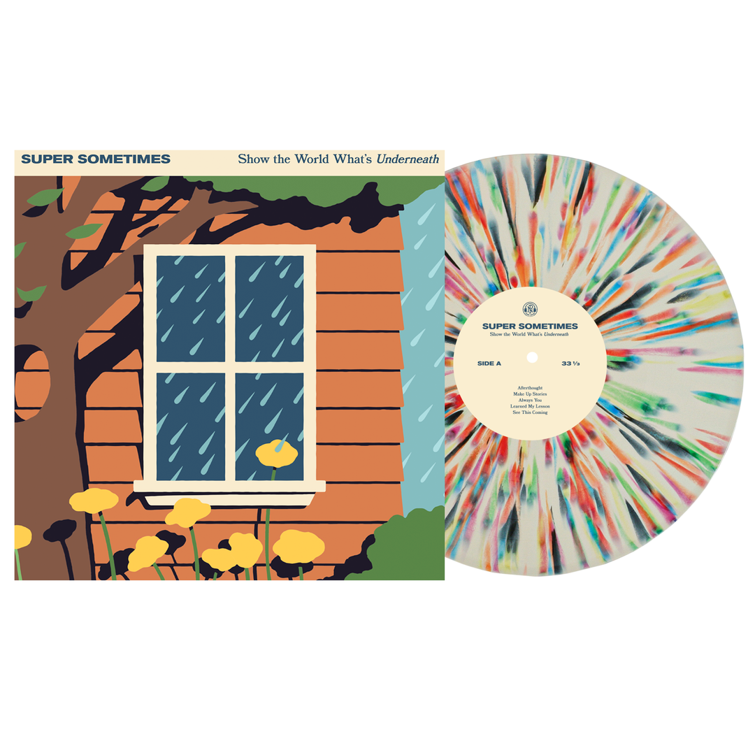 A vibrant splatter vinyl sits beside the Super Sometimes album cover. Preorder your Super Sometimes vinyl today and show the world what’s underneath.