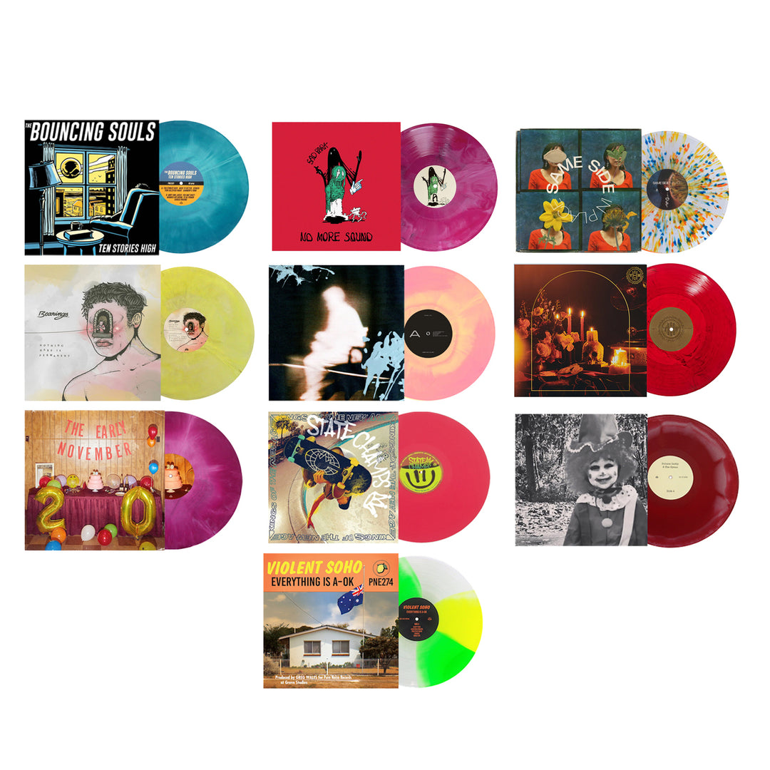 A grid of twelve colorful, limited edition Pure Noise Records Merch vinyl records and their matching album covers, each with unique designs, arranged neatly in rows on a white background.