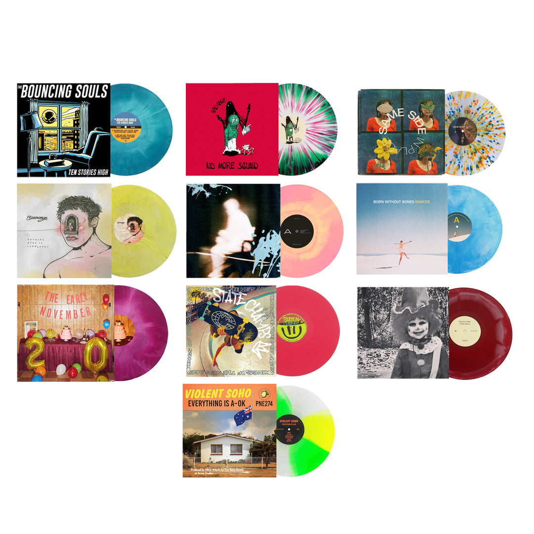 A grid of Pure Noise Records Merch limited edition vinyl records with unique album covers, showcasing vibrant marbled or split-color designs and diverse artwork styles, displayed on a white background.