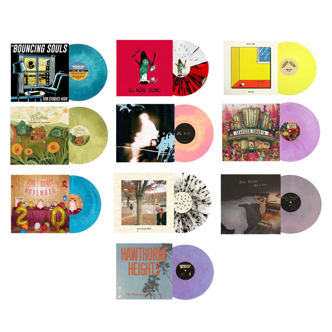 Nine colorful vinyl records are shown next to their album covers—including a limited edition vinyl bundle—featuring a variety of artwork and designs, displayed in a grid pattern on a white background.