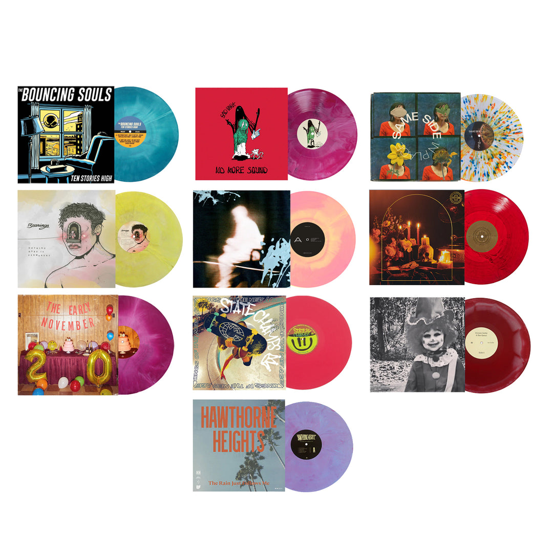 A grid of twelve colorful limited edition vinyl records from Pure Noise Records Merch, featuring artistic album covers in vibrant hues and unique marbled patterns—a perfect colored vinyl bundle for collectors.