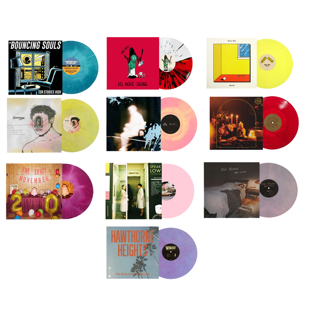 Twelve colorful, limited edition vinyl records—some marbled or split—are paired with their album covers, arranged in a grid pattern against a white background to showcase various music artists and genres, all from Pure Noise Records Merch.