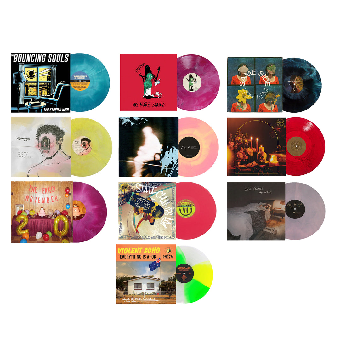 A set of twelve vibrant vinyl records and their album covers with bright, swirling patterns, arranged in four rows of three—a striking limited edition collectors' bundle from Pure Noise Records Merch.