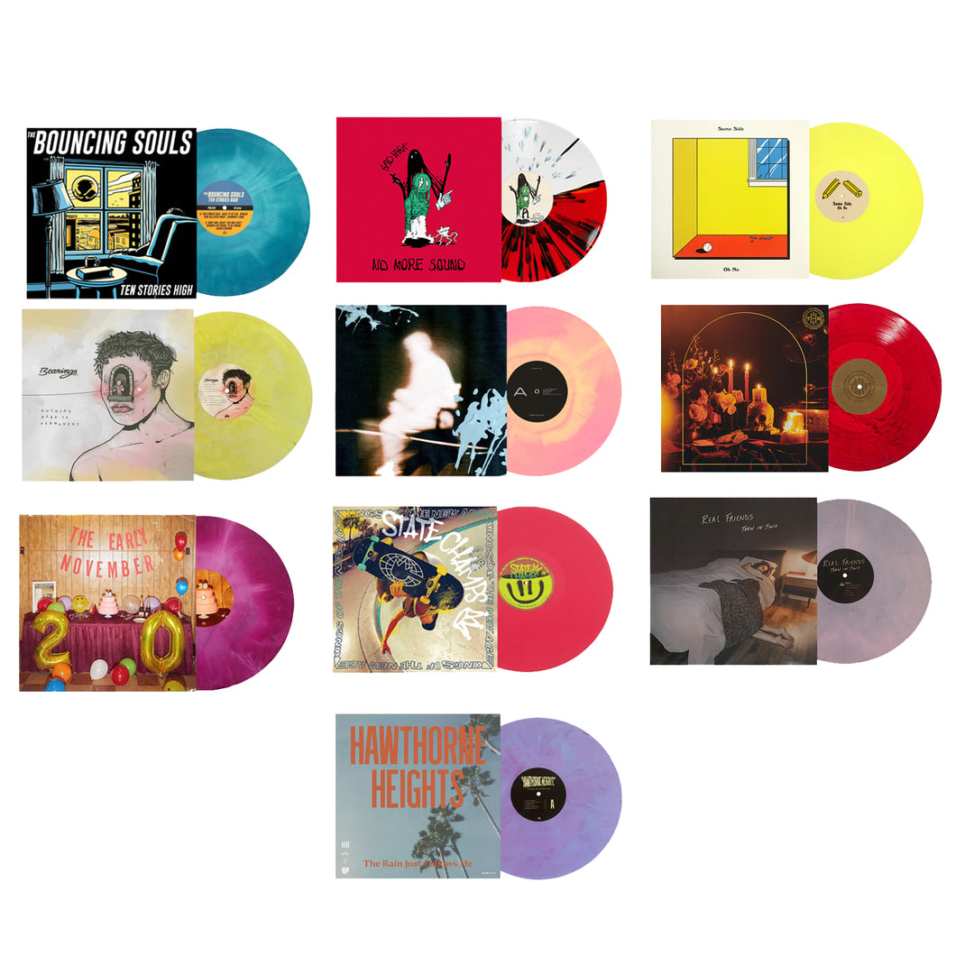 Pure Noise Records Merch presents a set of twelve limited edition colored vinyl records, each in a distinct hue like yellow, red, pink, purple, and clear. Arranged in a grid, they feature vibrant album art that matches or complements each vinyl.