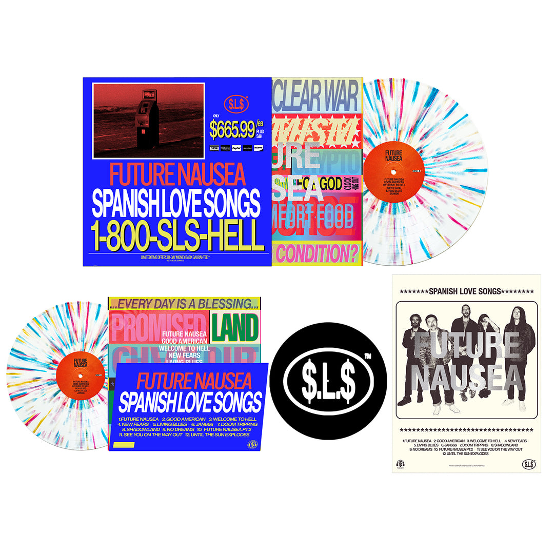 Promotional collage for the Spanish Love Songs Future Nausea album, featuring the cover art, a splatter-colored vinyl record, and a band photo.
