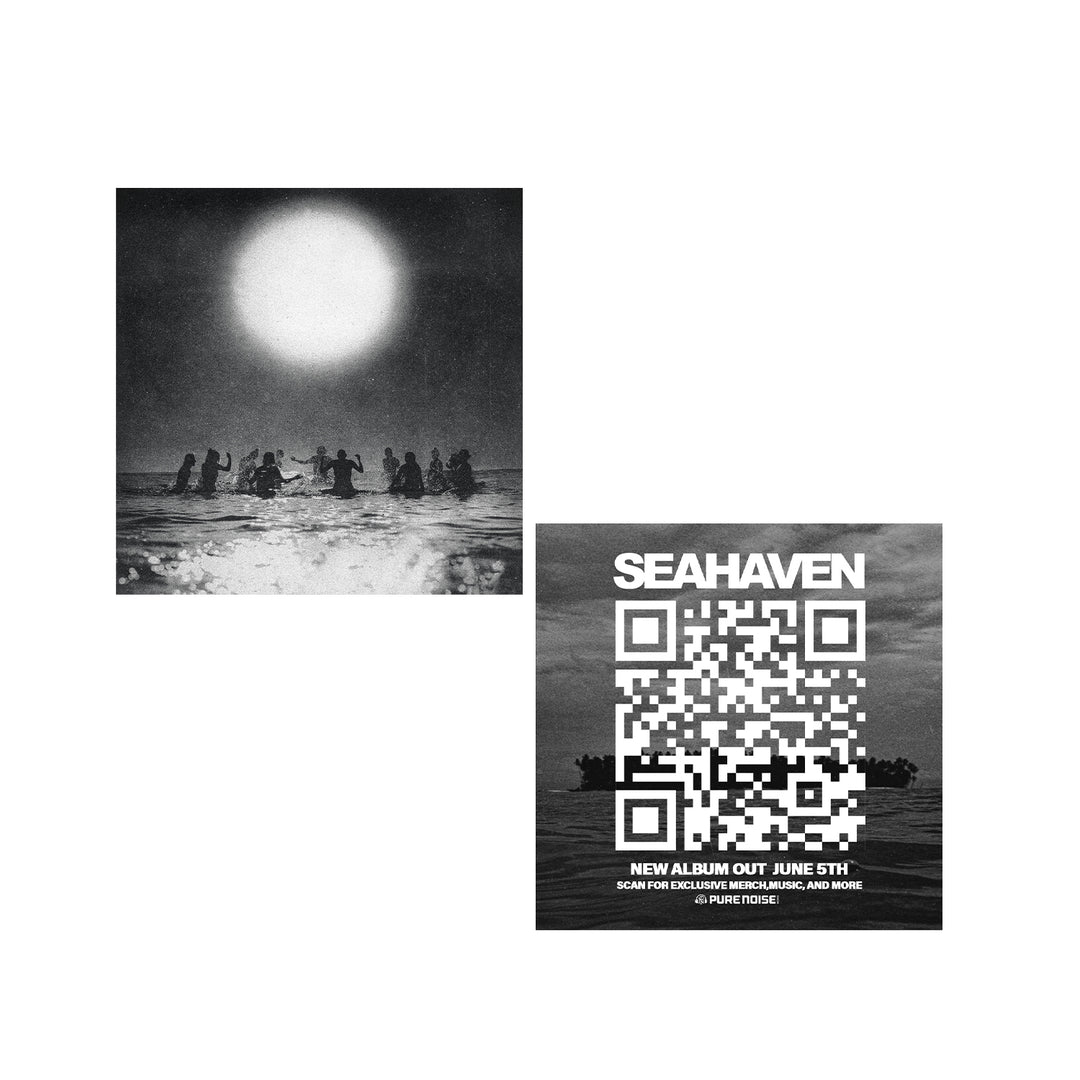 A grainy black-and-white photo shows people in water beneath a large sun, beside a QR code and Seahaven sticker. Text reads: “Seahaven—New album out June 5th. Scan to pre-save, access exclusive music, and more.”.