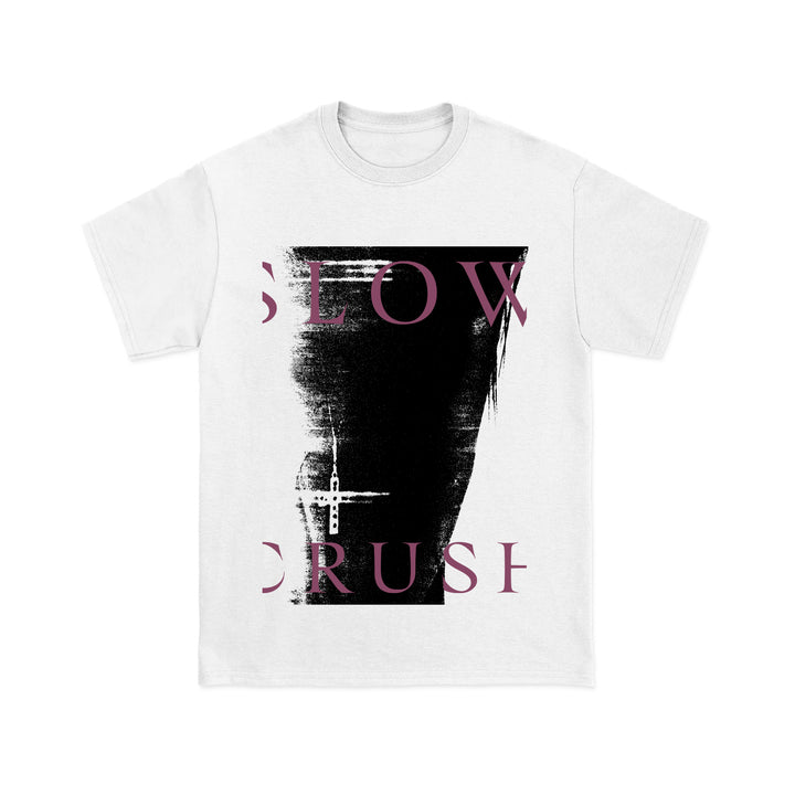 Slow Crush white tee with a bold black abstract brushstroke centered, “SLOW” above and “CRUSH” below in light pink capitals, printed on premium Comfort Colors fabric.