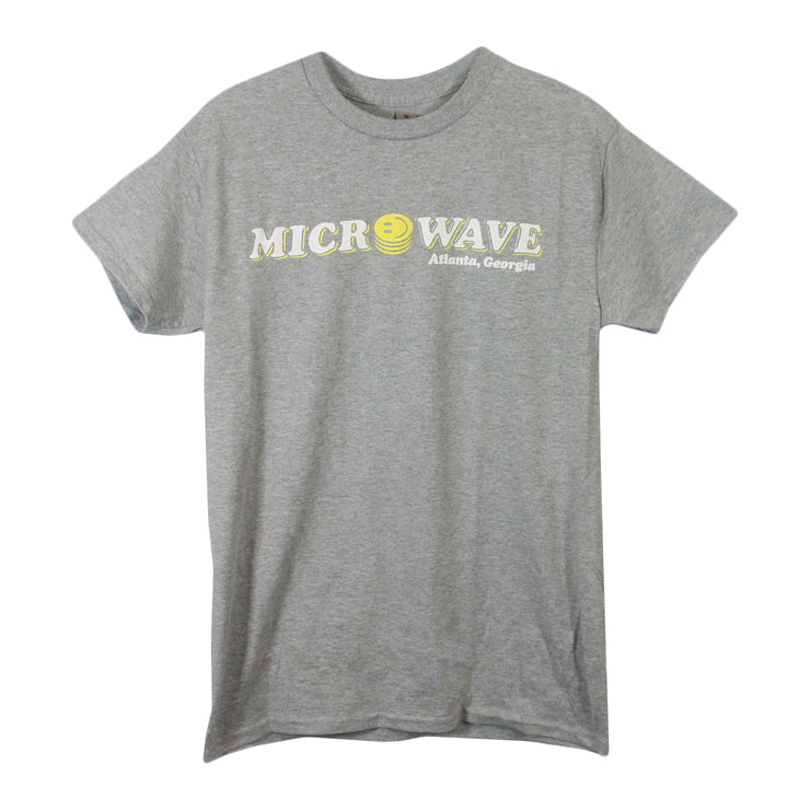 image of the front of a heather grey tee shirt on a white background. tee has a center chest print that says microwave atlanta georgia