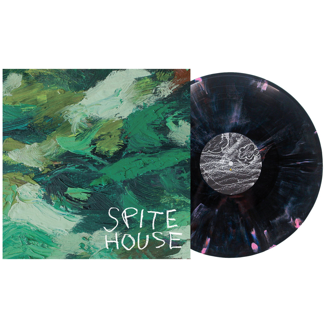 Spite House Britannica Marble Vinyl record, shown beside its album cover with bold green and white brushstrokes and SPITE HOUSE handwritten in white.