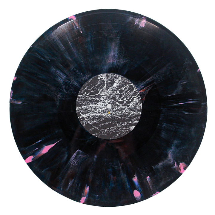 A Spite House Britannica Marble Vinyl with a black base and pink-blue marbling. Its center label displays monochrome, hand-drawn clouds and waves. This eye-catching piece is a limited edition vinyl release.