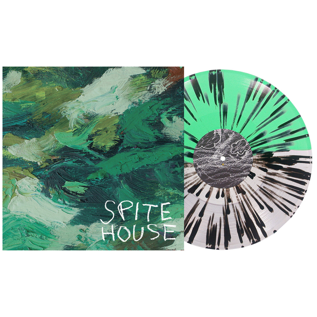 A Spite House Splatter Vinyl LP in green, black, and white rests beside its cover featuring abstract green brushstrokes and Sprite House handwritten below—ideal for any Spite House vinyl collector.
