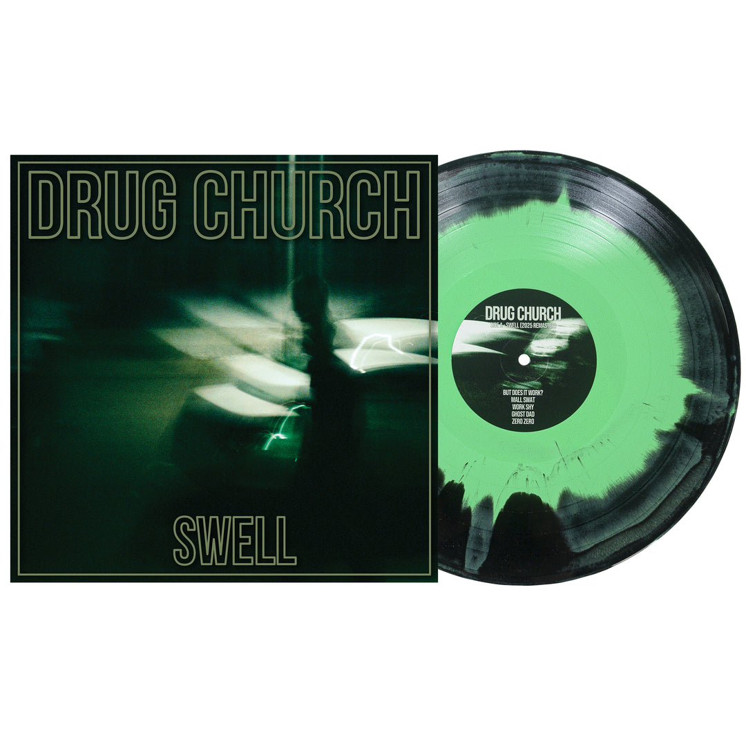 Drug Church’s “Swell” vinyl features a Swell Mint/Black/Olive marbled design. The album cover shows a blurry dark green street scene with bold Drug Church text. Release date: June 5, 2026.