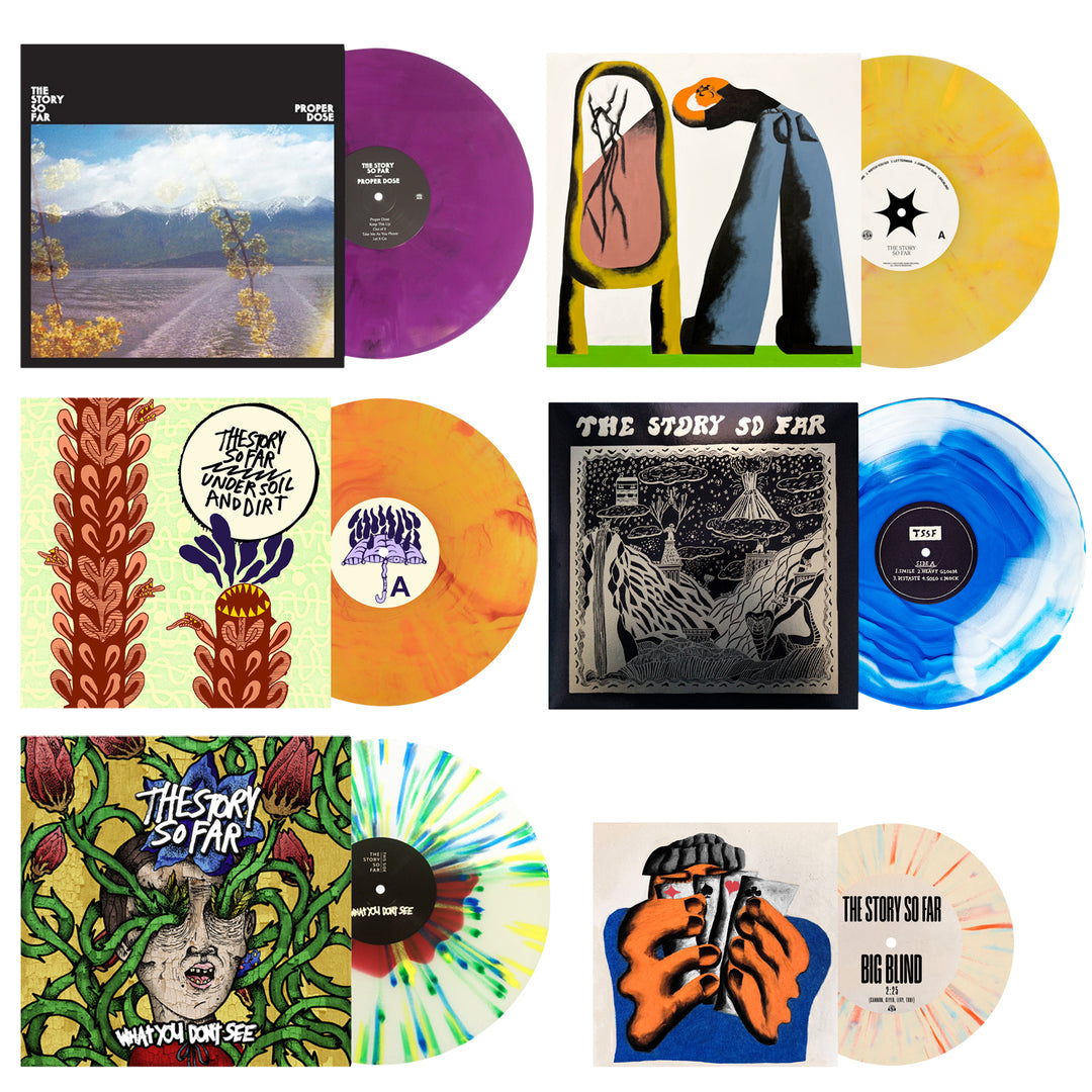 A collage of eight vibrant The Story So Far vinyl records and their illustrated album covers in purples, yellows, oranges, blues, greens, plus special eco mix anniversary LPs.