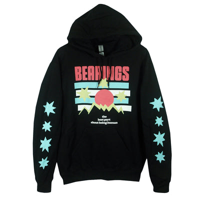 Bearings best part about being human black pullover hoodie. front of hoodie has a block like mountain design with a sun and stars around it. stars are printed down both sleeves. 