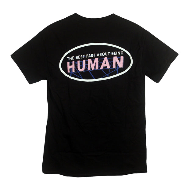 Bearings the best part about being human black t-shirt.back of the shirt says "the best part about being human" in a neon billboard style. 