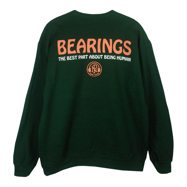 back of the crewneck just has the text "bearings the best part about being human" in the center of the back 