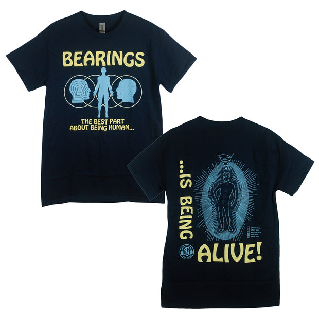 Bearings the best part about being human navy t-shirt. front of tee has a figure inbetween two heads faces the figure in a light blue ink all inside of a circle shape. yellow text on the front of the shirt says "bearings The best part about being human" back of tee shows the same figure but now it seems to be glowing or radiant and has the yellow text "...is being alive!"