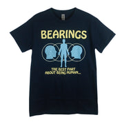 front of tee has a figure inbetween two heads faces the figure in a light blue ink all inside of a circle shape. yellow text on the front of the shirt says "bearings The best part about being human"