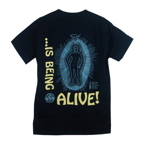 back of tee shows the same figure but now it seems to be glowing or radiant and has the yellow text "...is being alive!"