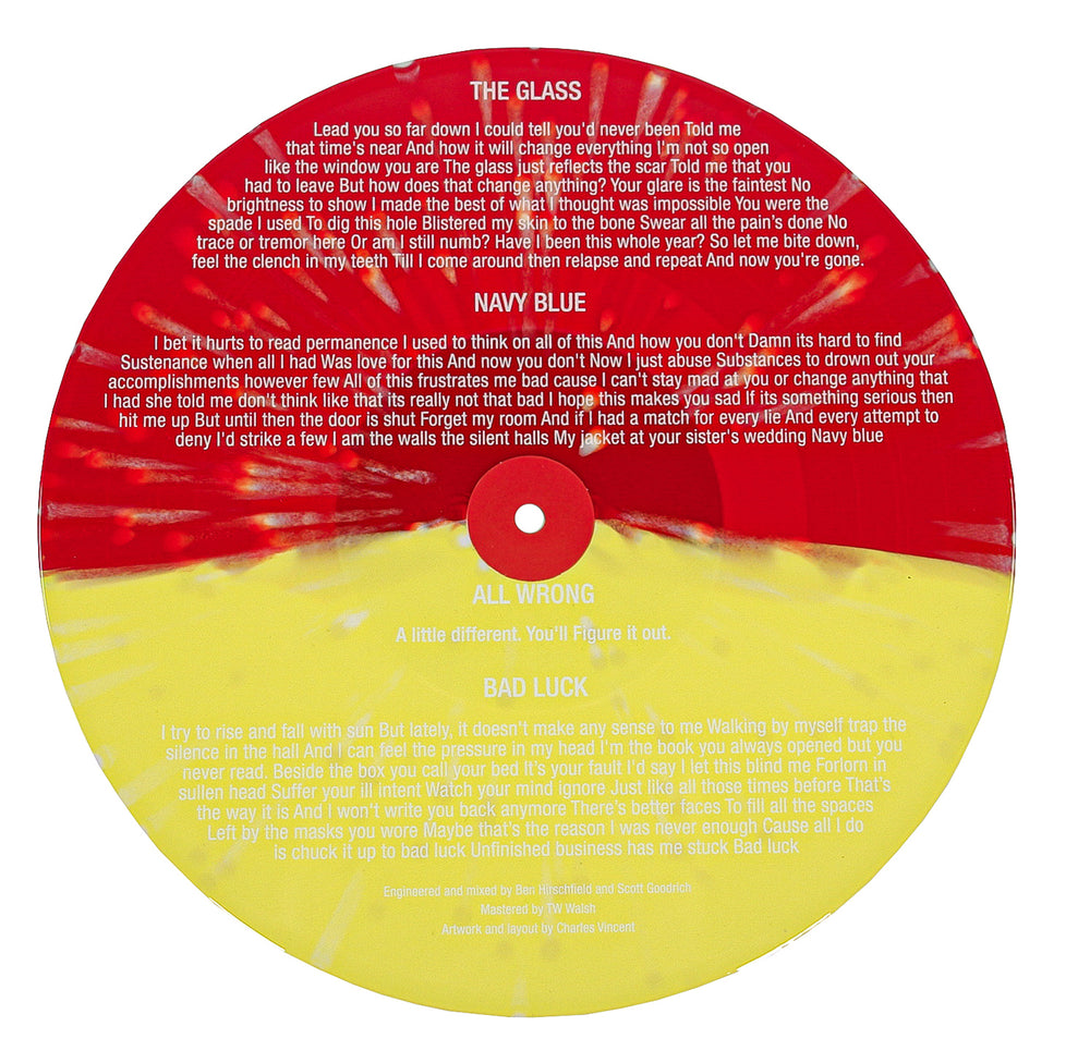 Vinyl record with red and yellow design and text on a white background