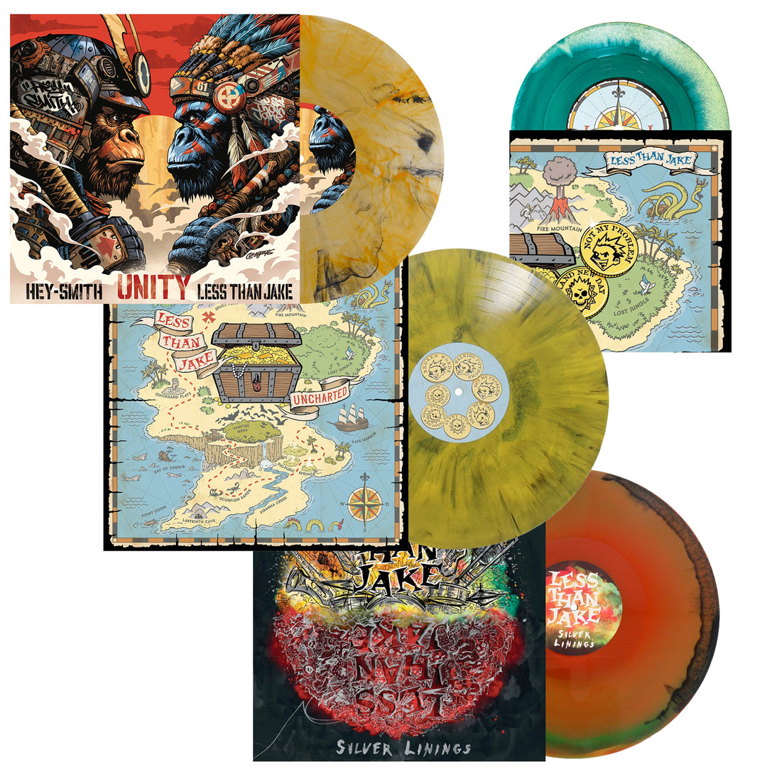 Five colorful vinyl records from Less Than Jake, including the Silver Linings LP, are displayed with illustrated album covers featuring pirate, island, and gorilla-themed artwork.
