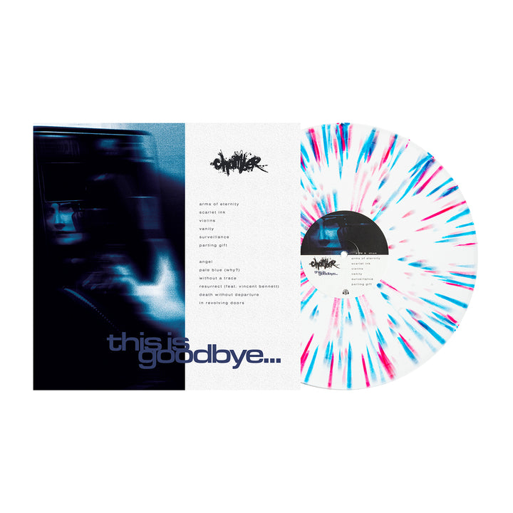 A White with Magenta and Blue Dot Splatter Chamber vinyl is partially out of its cover. The cover displays a blurry blue-toned image, "this is goodbye..." text, and a tracklist—ideal for any vinyl presale.