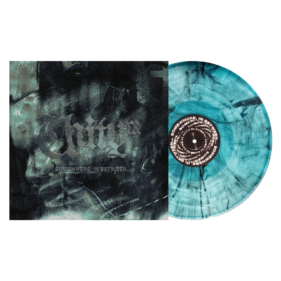 A blue and black Electric Smoke Vinyl LP of UNITYTX's "Somewhere In Between" sits beside an album cover with "Injury" in gothic font on a dark, abstract background—now available for LP Presale.