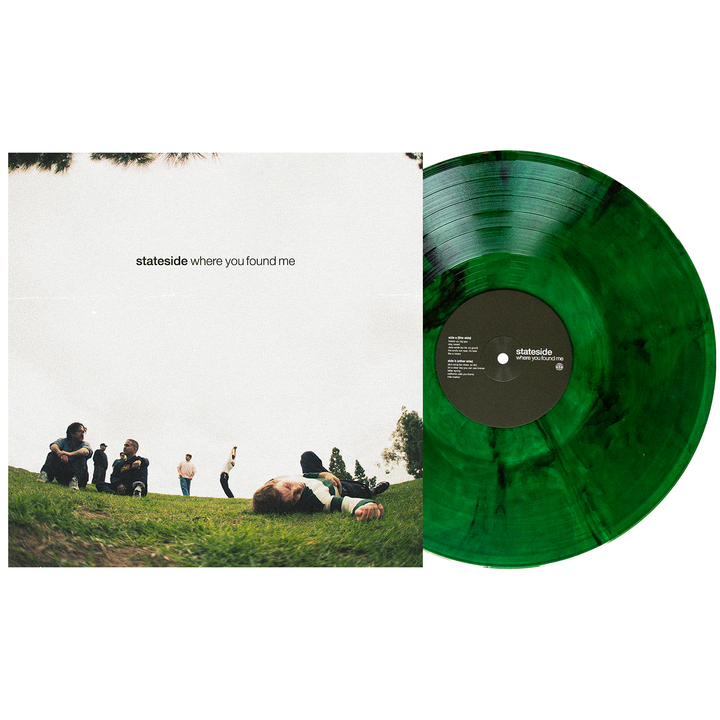 A Green Smoke Vinyl record by Stateside sits beside its cover, which depicts five people relaxing on grass under a cloudy sky. The text reads Where You Found Me—Album Release June 2025.