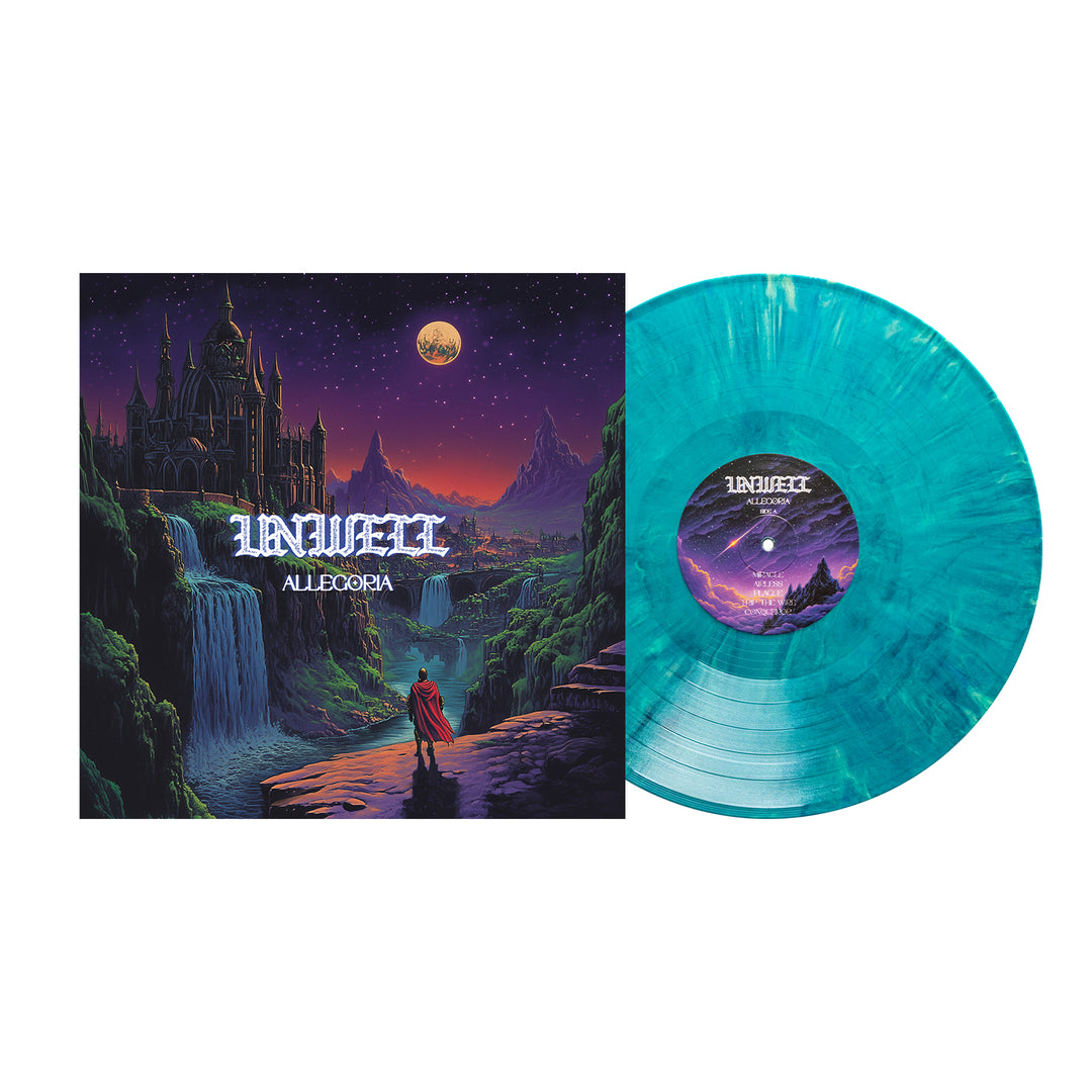 A turquoise Allegoria Seaside Cove Marble Vinyl LP from Unwell sits next to its cover, showing a fantasy landscape with a castle, waterfalls, and a cloaked figure under the moon. ALLEBORIA is now available for album presale.