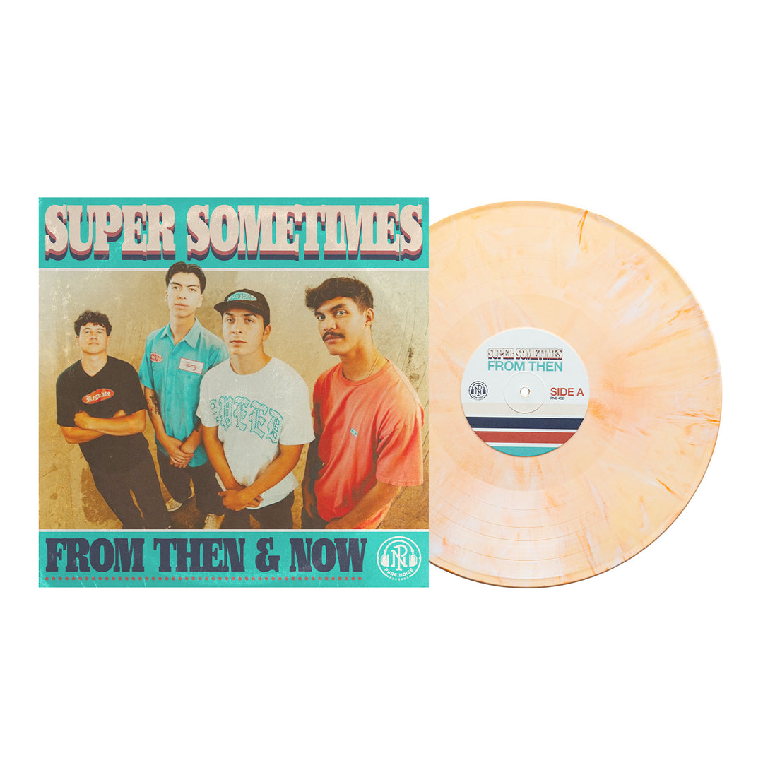 A peach marbled Dreamcicle Vinyl LP from Super Sometimes rests by its cover, showing four young men. "SUPER SOMETIMES" stands out on top, with "FROM THEN & NOW" below. Secure your copy during the album's presale!.