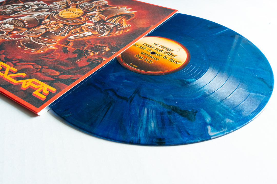 A Spaced Royal Blue Silver Black Marble LP, partly removed from its vibrant cover with a detailed armored figure. The No Escape vinyl label has orange/yellow tones—ideal for any album presale collection.
