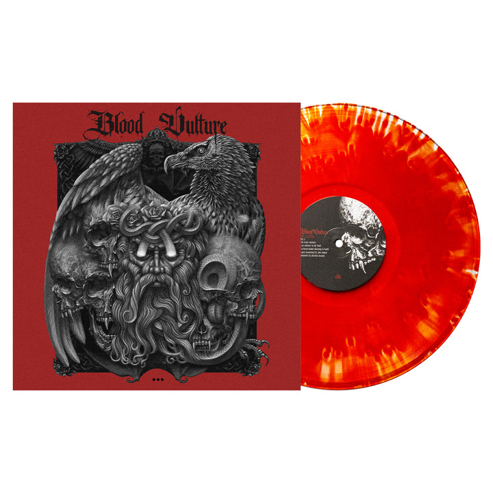 A cloudy blood-red vinyl from Blood Vulture rests beside its album cover, featuring detailed art with a vulture, skulls, and snakes on red. The gothic font displays the album title. Limited Edition LP.