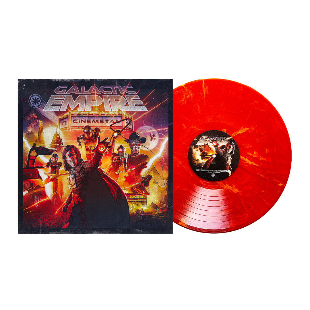 A limited edition red and orange Cinemetal Eruption Marble Vinyl from Galactic Empire sits by its album cover, depicting armored figures with lightsabers and futuristic weapons—the ultimate movie soundtrack album.