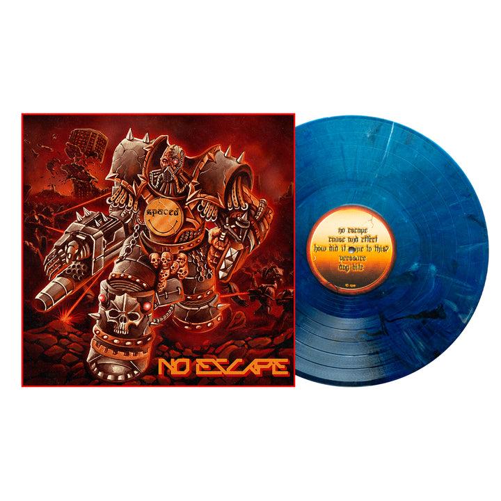 A Royal Blue Silver Black Marble LP by Spaced rests next to its red album cover featuring a robotic armored warrior in a fiery post-apocalyptic world. NO ESCAPE blazes below—don’t miss the No Escape vinyl presale!.