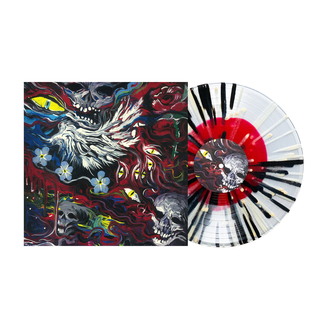 A Mugshot vinyl record with heavy black splatter and red in clear vinyl is shown partially pulled from its abstract, skull-adorned album cover with swirling red, white, yellow, and blue art. Release date: June 2025.