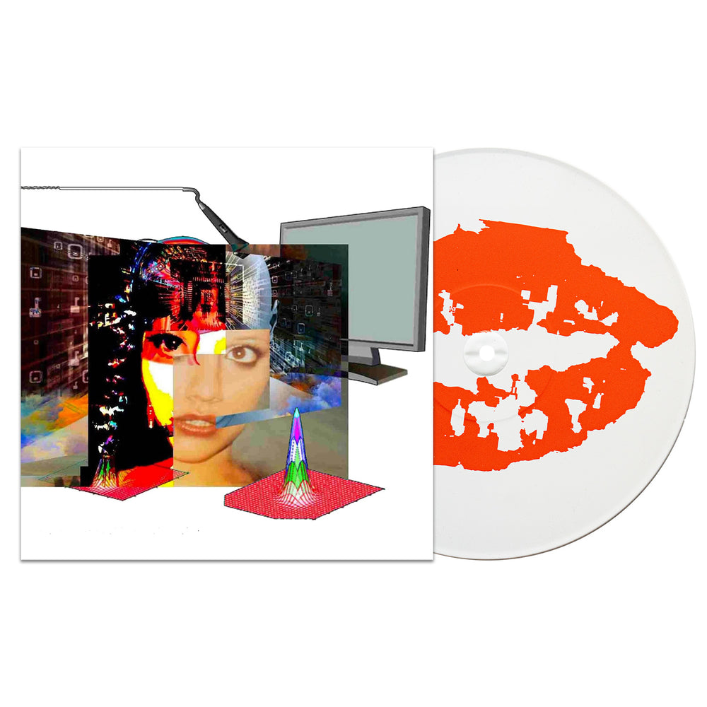 The Soulkeeper White Vinyl LP features a red lips graphic on the record and a cover with a digital collage of a womans face, computer screens, vivid patterns, and 3D graphs. Album Presale—Join Us In Creating Excellence!.